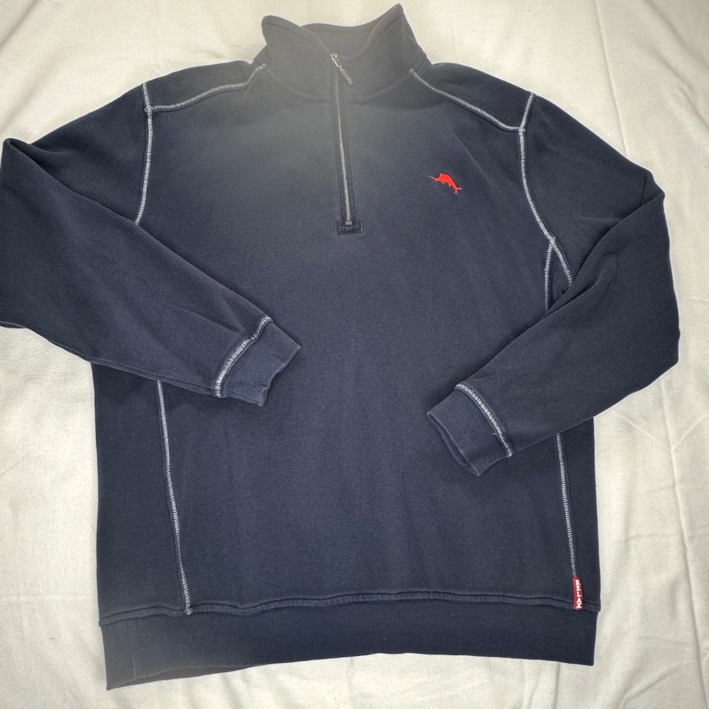 Tommy Bahama Relax Mens Large Navy Blue Quarter Zip Cotton Sweatshirt Pullover
